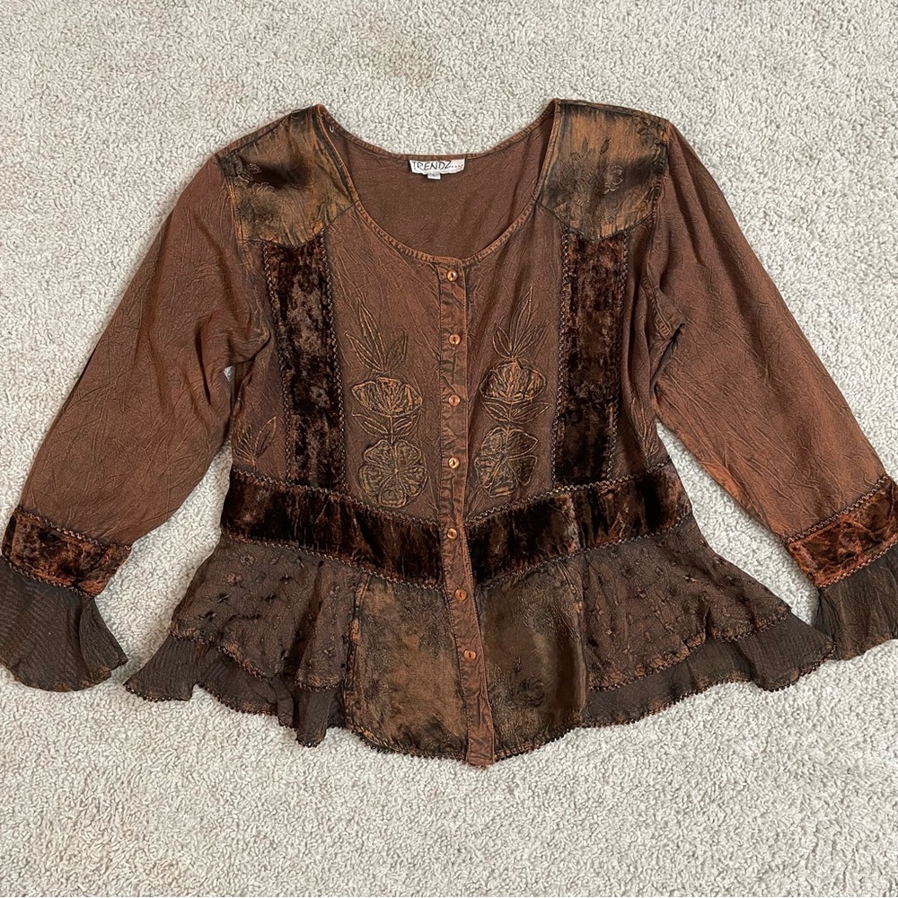Vintage TRENDZ Autumn Brown RAYON Blend WEARABLE Velvet Floral EMBROIDERED TUNIC